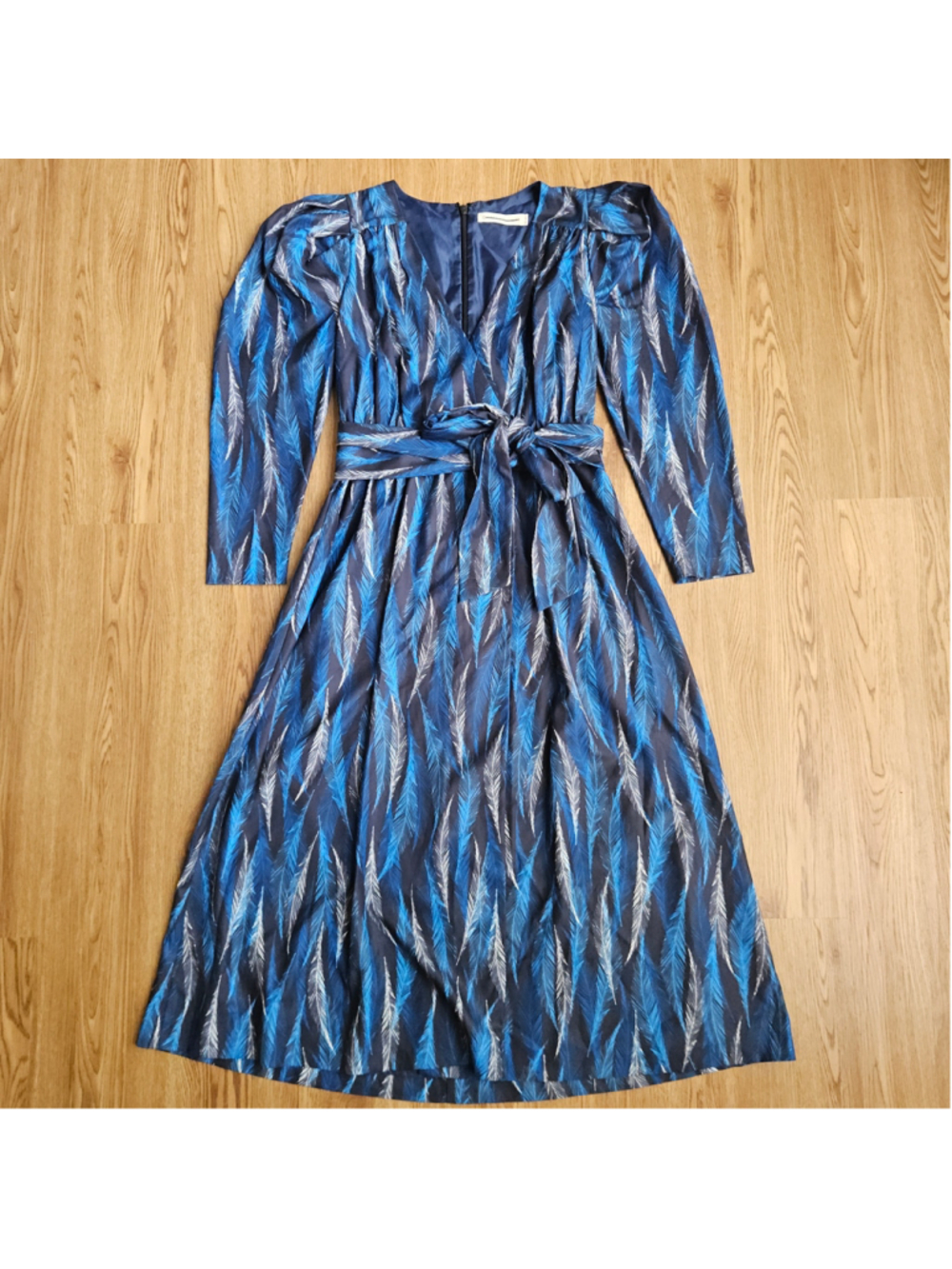 Happy X Nature Feather Print Blue Midi Dress Puff Sleeve Tie Waist Womens Small